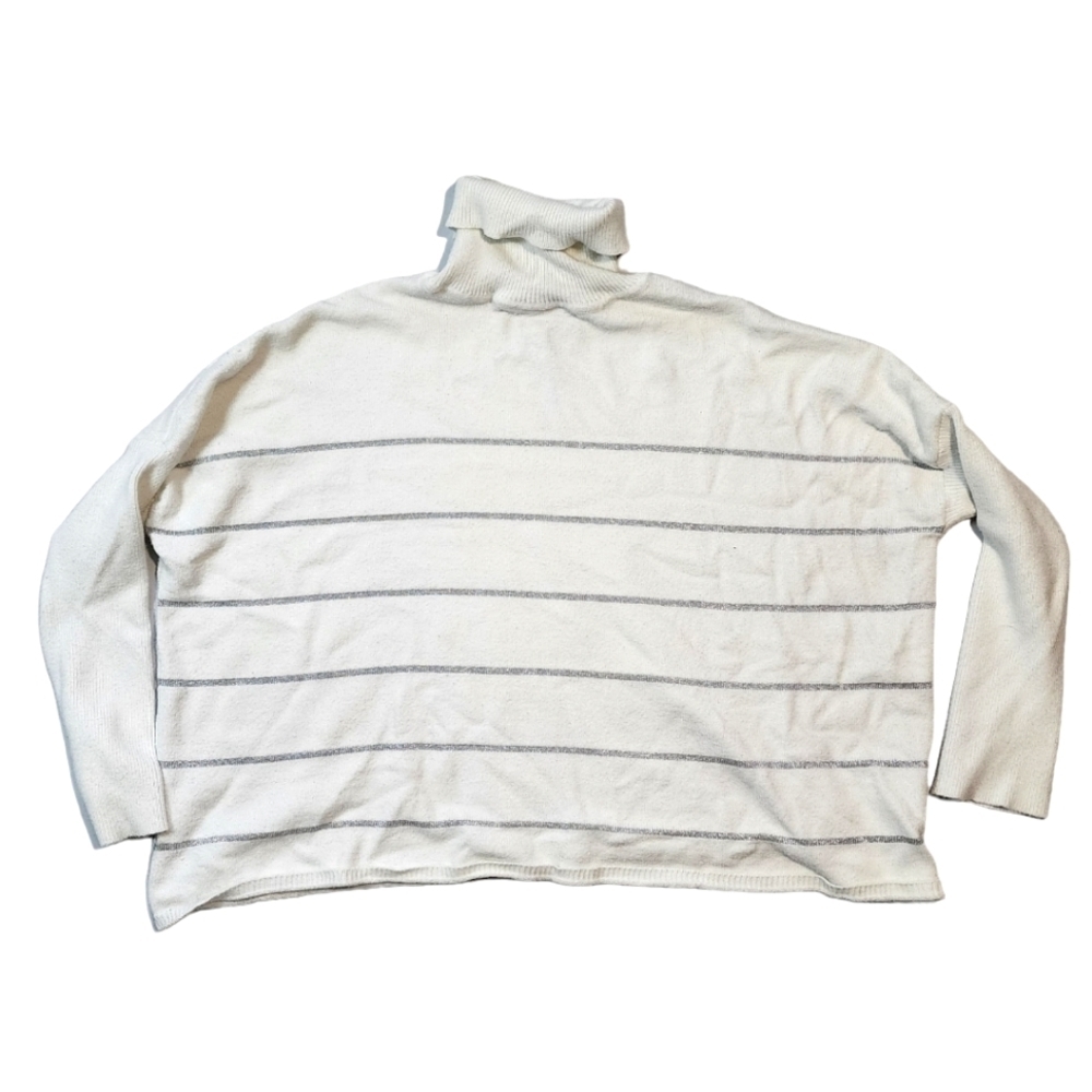 Cupcakes & Cashmere Striped Crop Turtleneck Sweater White Grey Size Large - Picture 3 of 5
